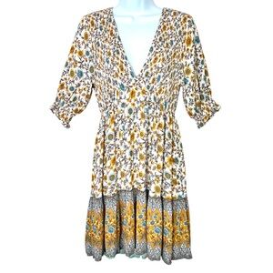 Arnhem Bijoux Shirred Mini Dress Womens 6 Daisy Gold Blue Floral Peasant Boho